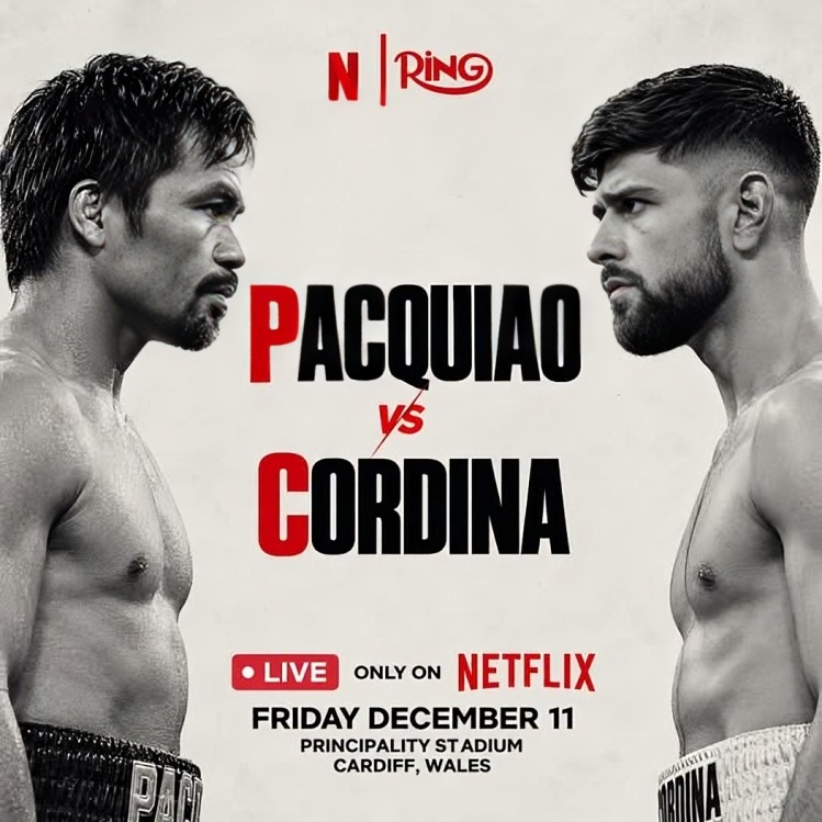 Affiche de boxe Netflix Manny Pacquiao contre Joe Cordina pour leur combat proposé sur la sous-carte Tyson Fury contre Anthony Joshua.