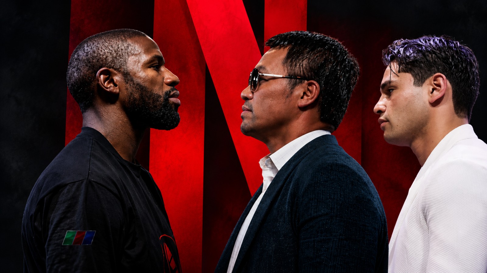 Floyd Mayweather faces Manny Pacquiao alongside Ryan Garcia in a composite image illustrating potential professional boxing fights on Netflix in 2027 and 2028