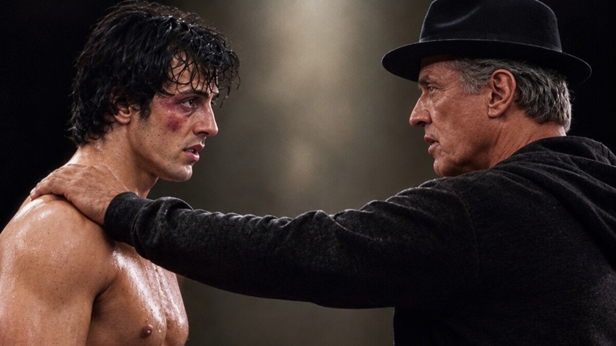 Sylvester Stallone as a young, bruised Rocky Balboa alongside an older version of the character wearing a black hat in a composite image spanning the Rocky movie franchise
