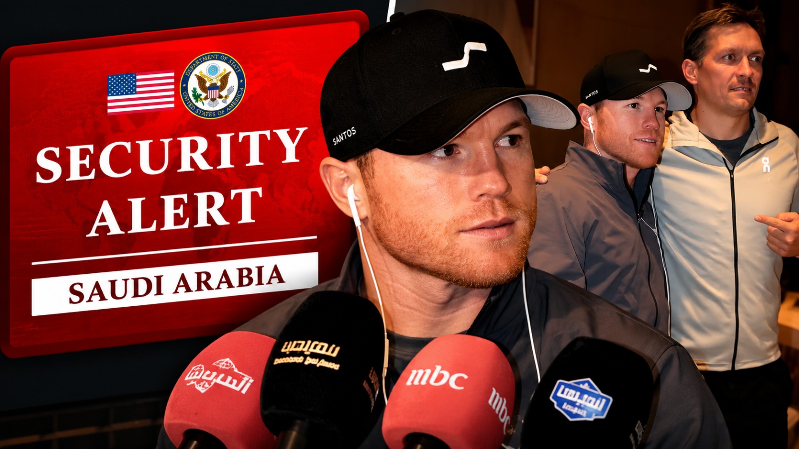 Canelo Alvarez and Oleksandr Usyk pictured alongside a Saudi Arabia security alert graphic amid concerns over fighter and fan safety in Riyadh
