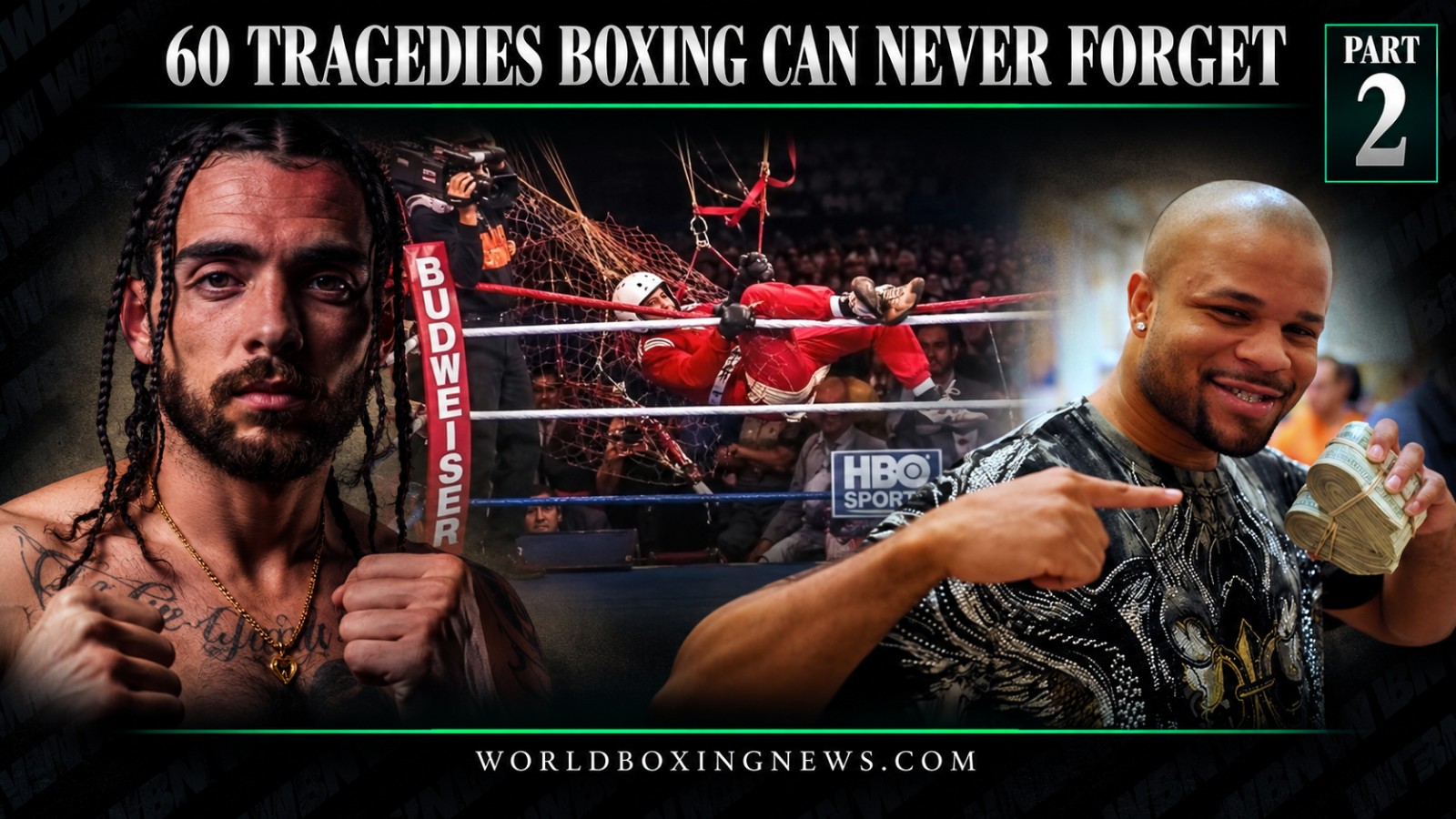 60 Tragedies Boxing Can Never Forget Part 2 featuring Paul Bamba, the Fan Man incident during Holyfield vs Bowe, and a boxer in a memorial collage