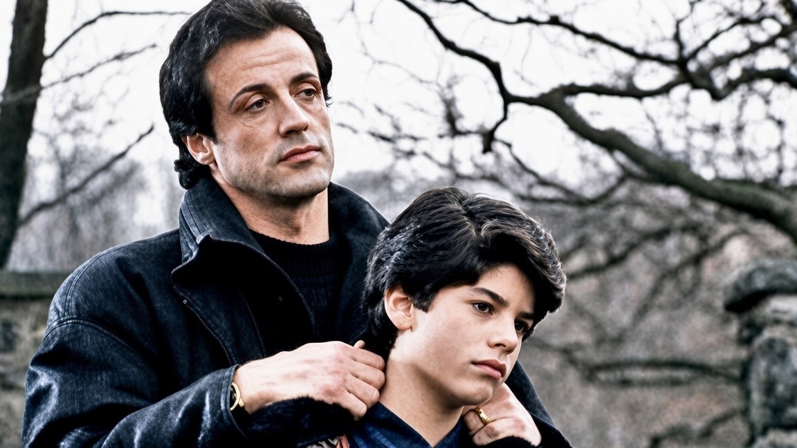 Sylvester Stallone as Rocky Balboa with his son Sage Stallone as Robert Balboa in Rocky V (1990)