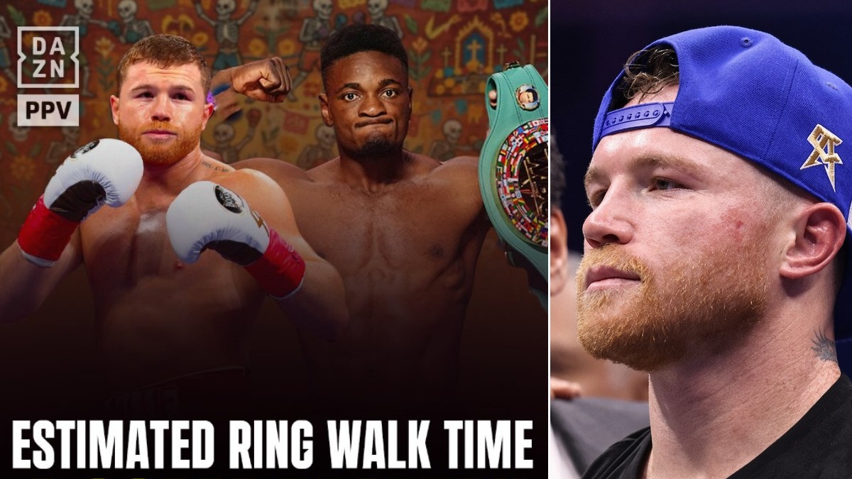 Canelo Alvarez pictured beside a DAZN promotional graphic for his fight against Christian Mbilli, highlighting the estimated Halloween ring walk time