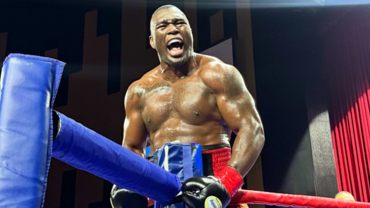 Gustavo Trujillo celebrates inside the boxing ring as the unbeaten Cuban heavyweight extends his professional record to 13-0 with 12 knockouts