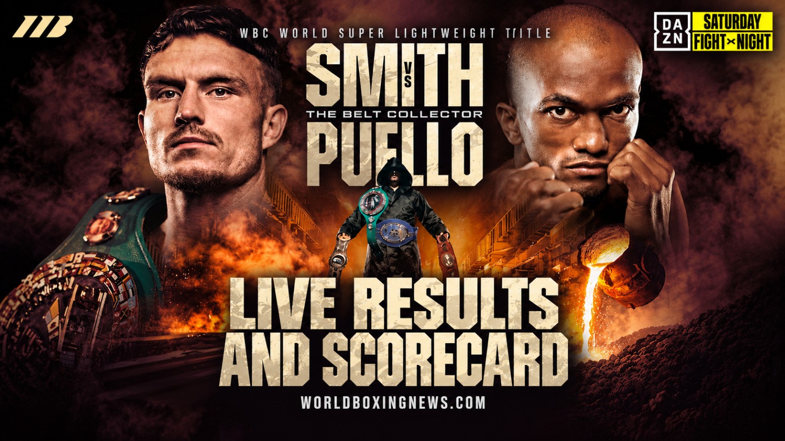 Dalton Smith and Alberto Puello featured on the WBN live results and scorecard graphic for their WBC super lightweight title fight in Sheffield on October 24, 2026