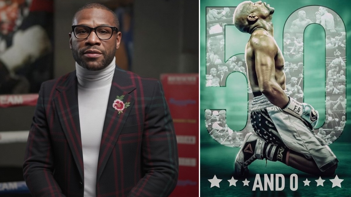 Floyd Mayweather pictured alongside a 50-0 boxing record graphic as he plans five potential fights and a professional comeback