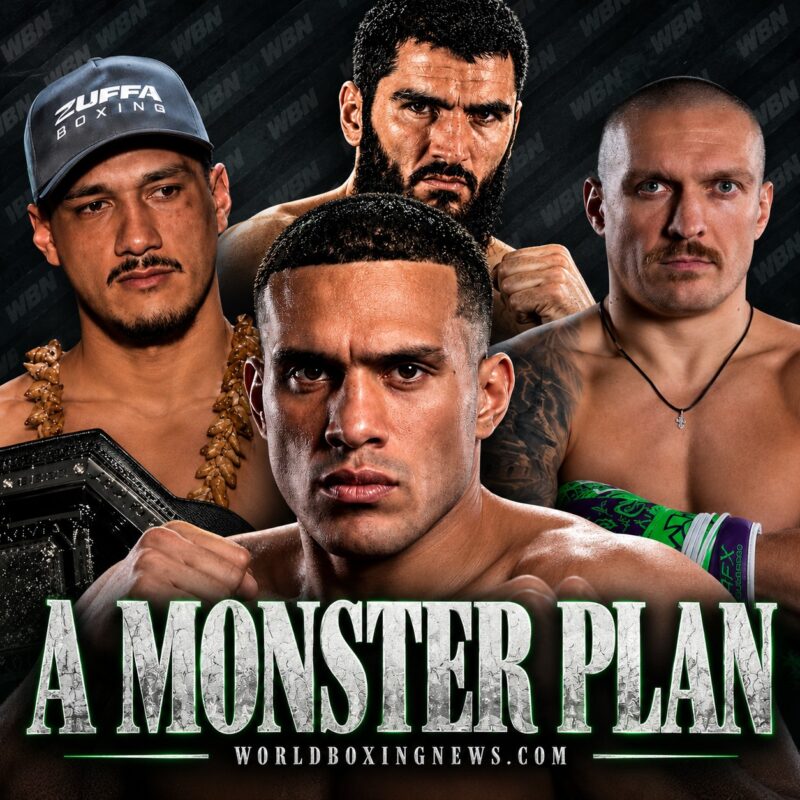 David Benavidez photographié avec Jai Opetaia, Artur Beterbiev et Oleksandr Usyk dans un graphique de plan à trois combats du World Boxing News