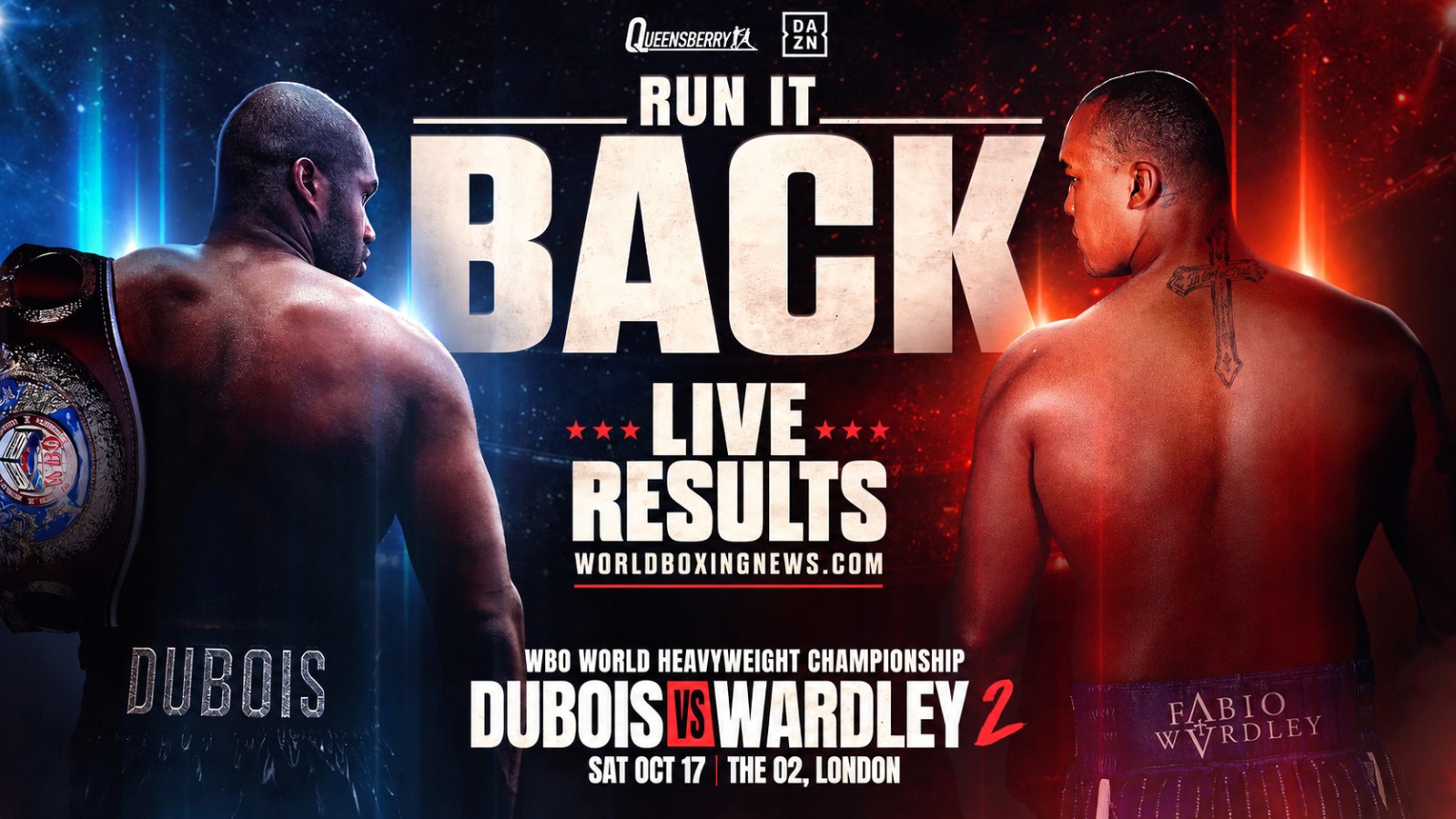 Daniel Dubois and Fabio Wardley pictured on the Run It Back live results graphic for their WBO heavyweight title rematch at London