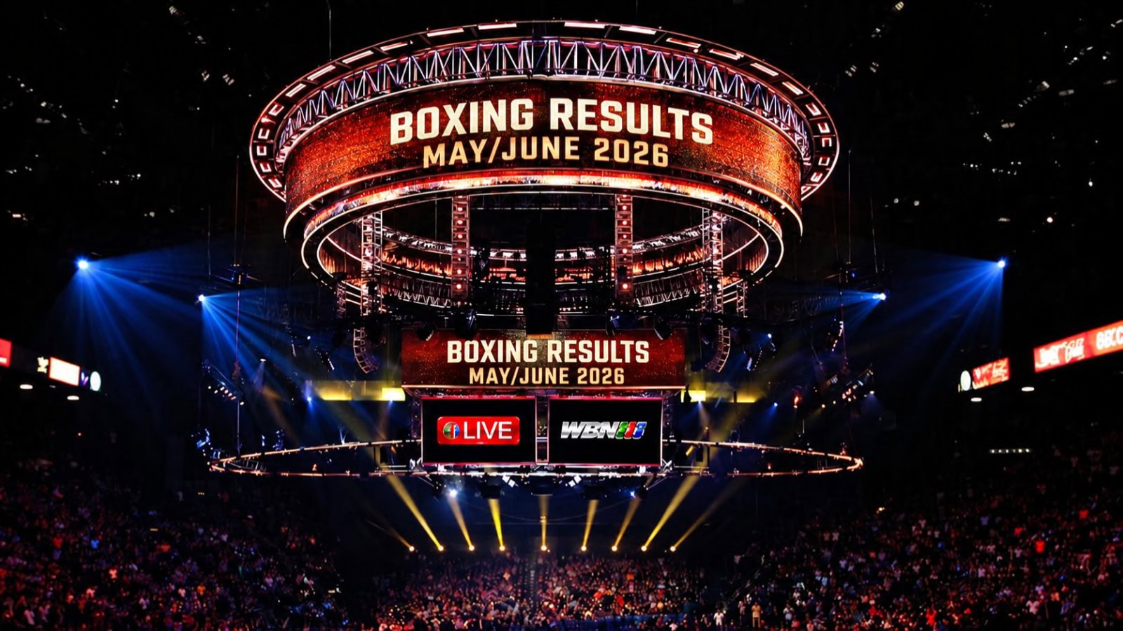 Boxing Results for May and June 2026 displayed inside a packed boxing arena