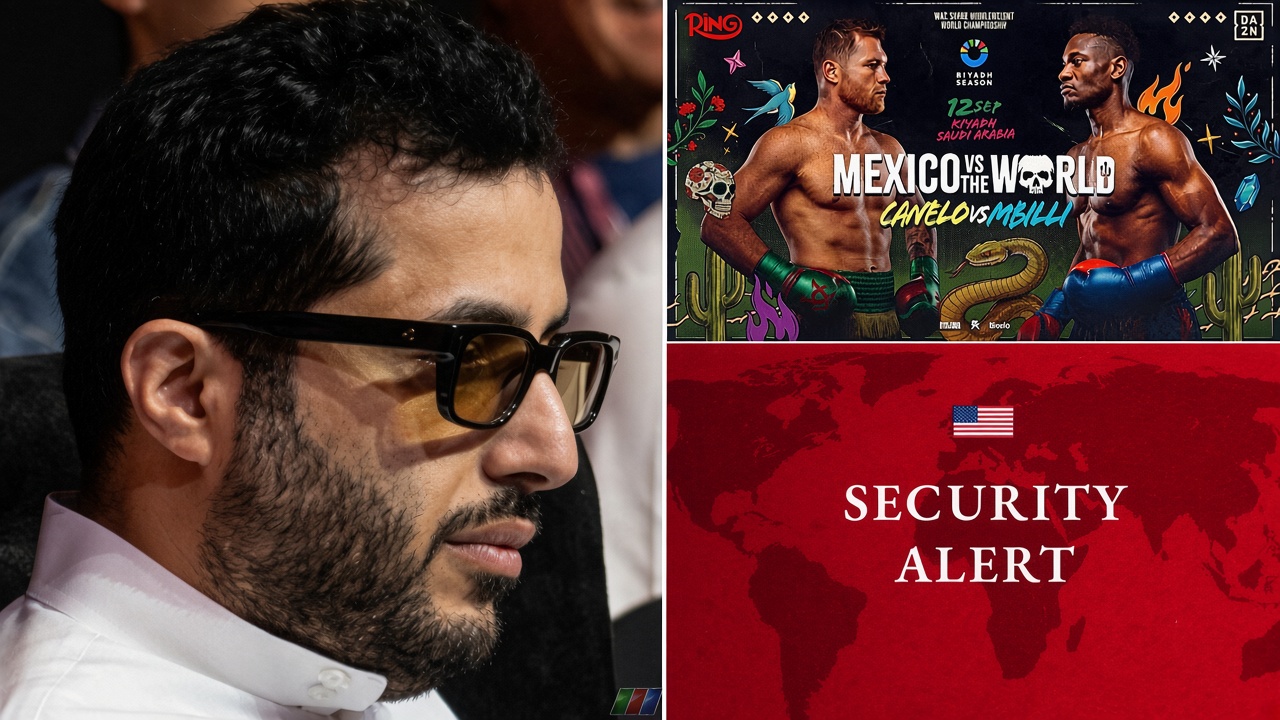 Turki Alalshikh alongside the Canelo Alvarez vs Christian Mbilli fight poster and US Embassy security alert for Riyadh